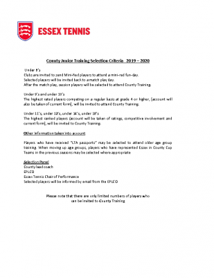 Essex Tennis County Training selection Criteria