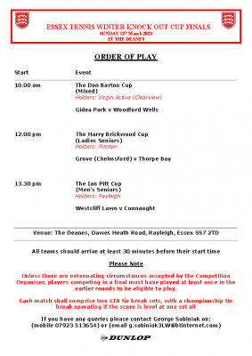ESSEX TENNIS WINTER KNOCK OUT CUPS FINALS ORDE OF PLAY MARCH 23