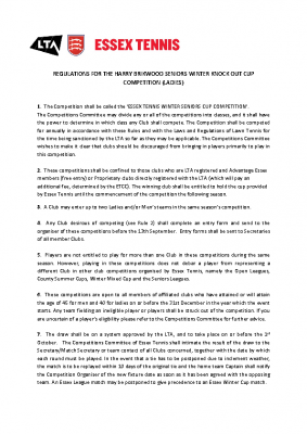 REGULATIONS FOR THE HARRY BRICKWOOD SENIOR LADIES WINTER KNOCKOUT COMPETITION