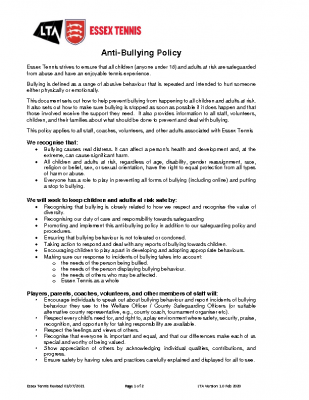 ESSEX TENNIS ANTI BULLYING POLICY UPDATED AUGUST 21