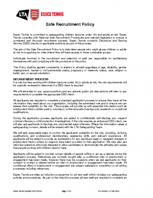 ESSEX TENNIS SAFE RECRUITMENT POLICY UPDATED AUGUST 21