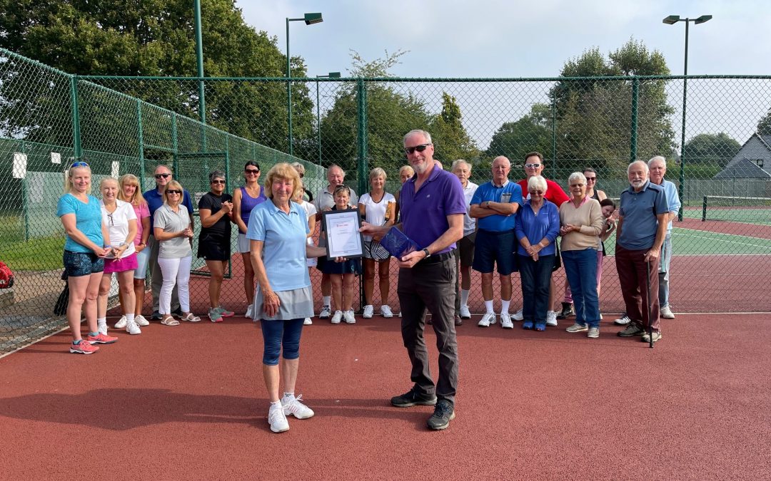 Jan Rochester of Wickham Bishops Tennis Club receives her Meritorious Award