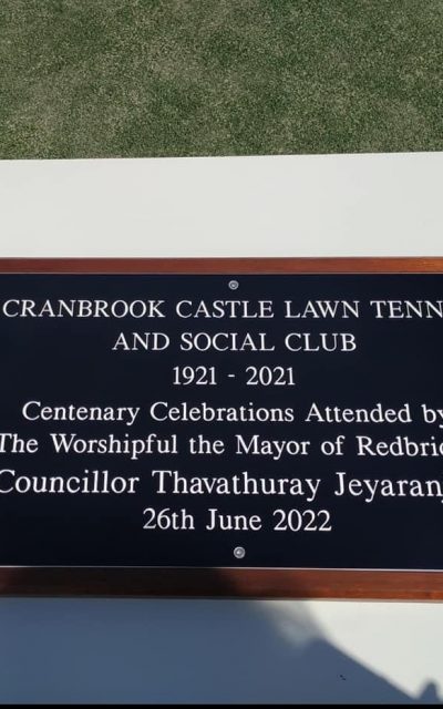 Cranbrook Castle LTC Centenary Commemorative Plaque