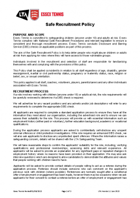 Essex Tennis Safe Recruitment Policy Oct 23