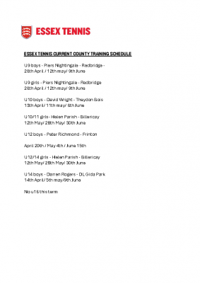 Essex Tennis County Training Schedule 2024