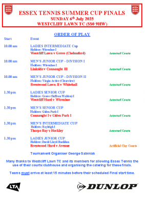 2025 SUMMER CUPS FINALS ORDER OF PLAY